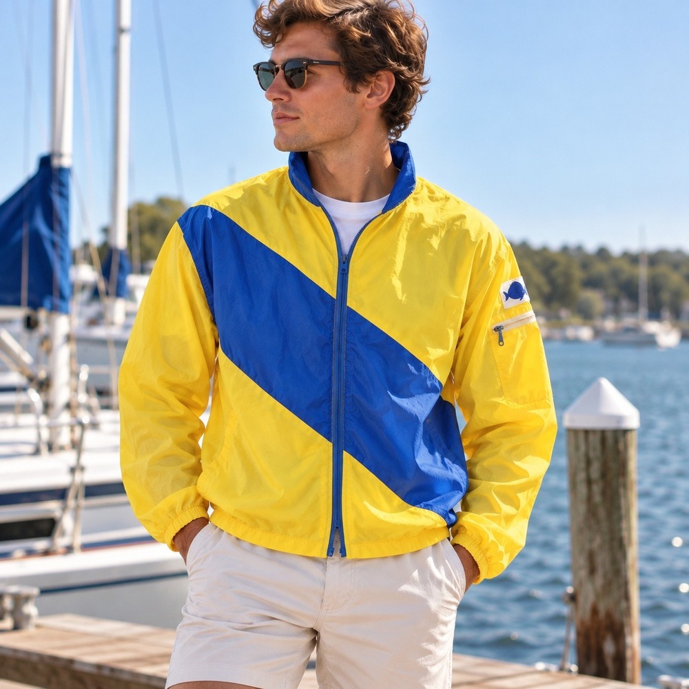 UniRoyal Vintage Windbreaker Jacket Nautical Sailing Yellow Blue 90s Men's Large